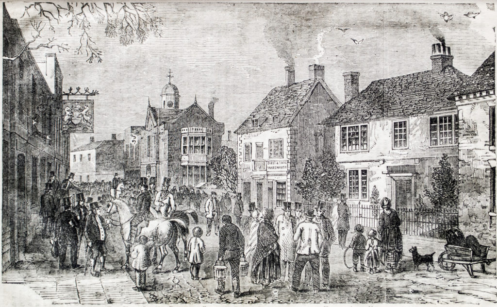 An engraving showing a bustling mid-19th century street scene.