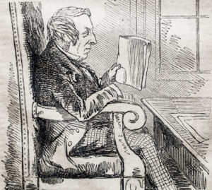 A woodcut of a Victorian man in a chair reading.