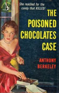 Wonderful pulp cover of The Poisoned Chocolates Case, showing a woman in 1950s evening wear reaching for a chocolate.