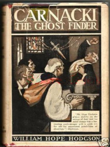 An old edition of the book "Carnacki the Ghost Finder" showing a dagger flying through the air at a man while a priest hurries to his aid.